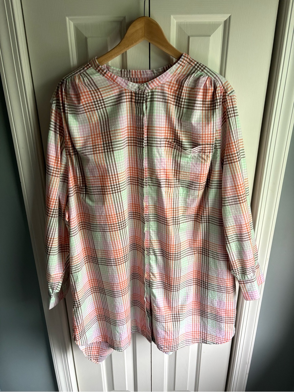 Lands End Womens Long Sleeve Pastel Plaid Button Down Tunic Top Pockets Size 3X